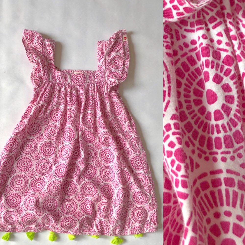 Pink  flutter sleeve dress with lime green tassels